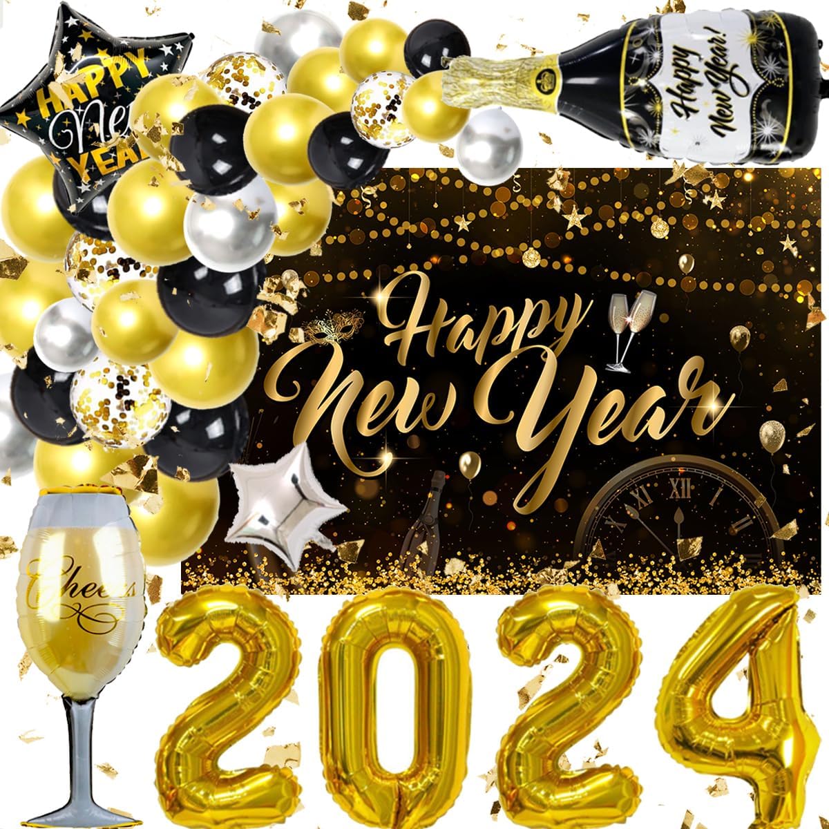 New Year's Eve Party Supplies 2023 - Happy New Year Backdrop Black & Gold Champagne Balloon Garland 2023 New Year Balloon Decorations (Gold)