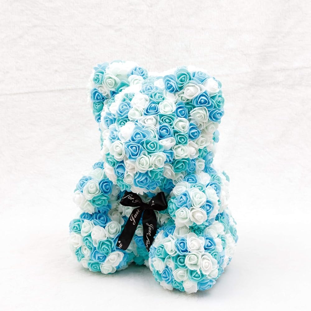 Artificial flower bear rose blue/white in clear case