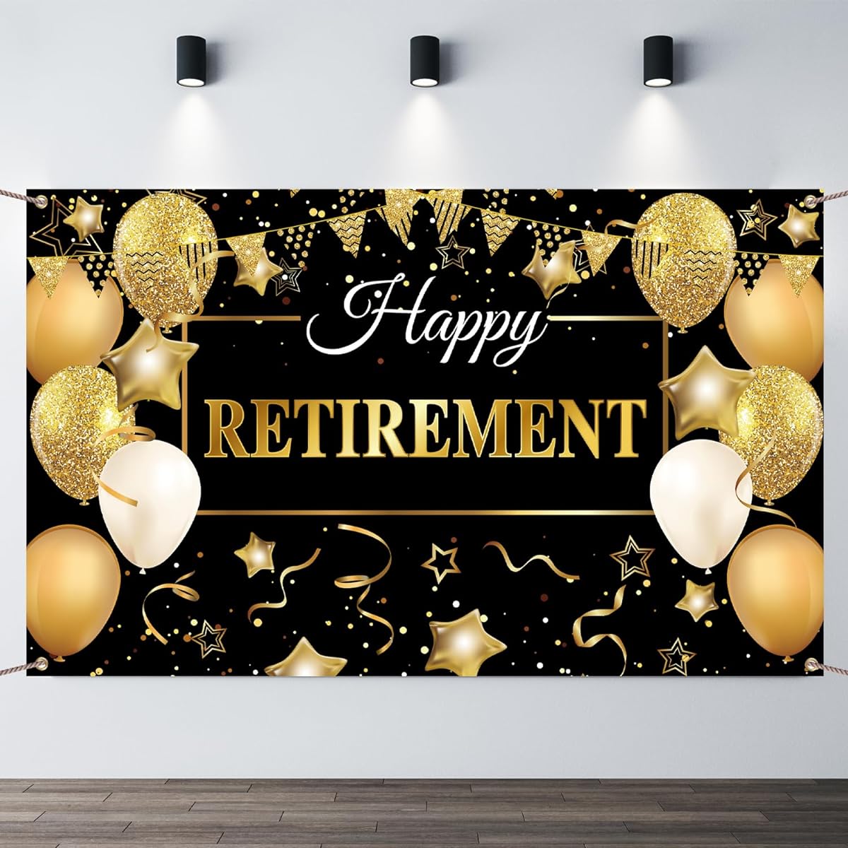 Happy Retirement Party Decorations - Extra Large Fabric Black and Gold Happy Retirement Sign Banner Photo Booth Backdrop with Rope for Retirement Party Favors