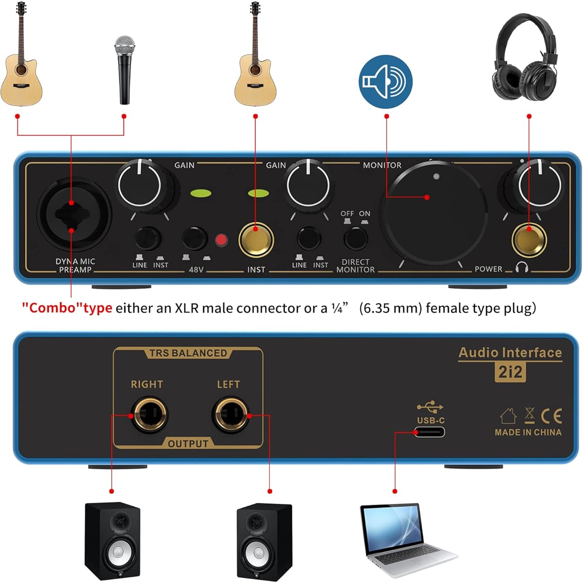 AKLOT Audio Interface USB Audio Interface Audio Interface for PC/Mac/Win 2-in-2-output 24-bit/192kHz XLR Sound Card with Headphone Amplifier TRS Balanced Recording