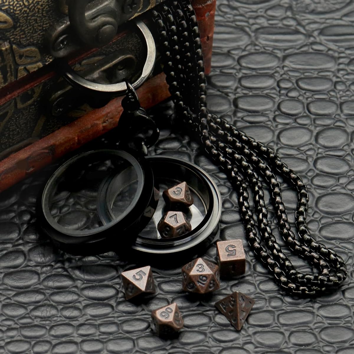 PJOY Mini Dice Set Small DND Dice with Necklace Steel Case D&D Portable Keychain Metal Dice Set Role Playing Dice Game Dungeons & Dragons Gifts