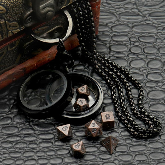 PJOY Mini Dice Set Small DND Dice with Necklace Steel Case D&D Portable Keychain Metal Dice Set Role Playing Dice Game Dungeons & Dragons Gifts