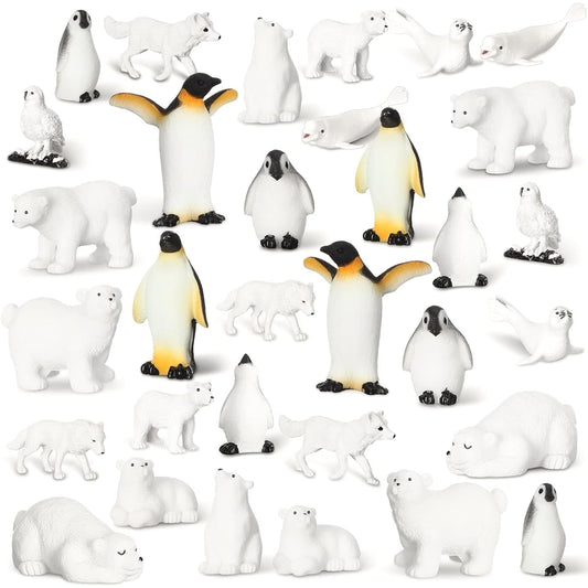 Jerify 32 Piece Polar Animal Figures Antarctic Animals Set Realistic Arctic Animal Figures Toy Playset White Whale Seal Wolf Teens Adults Party Favors Cake Decorating Craft