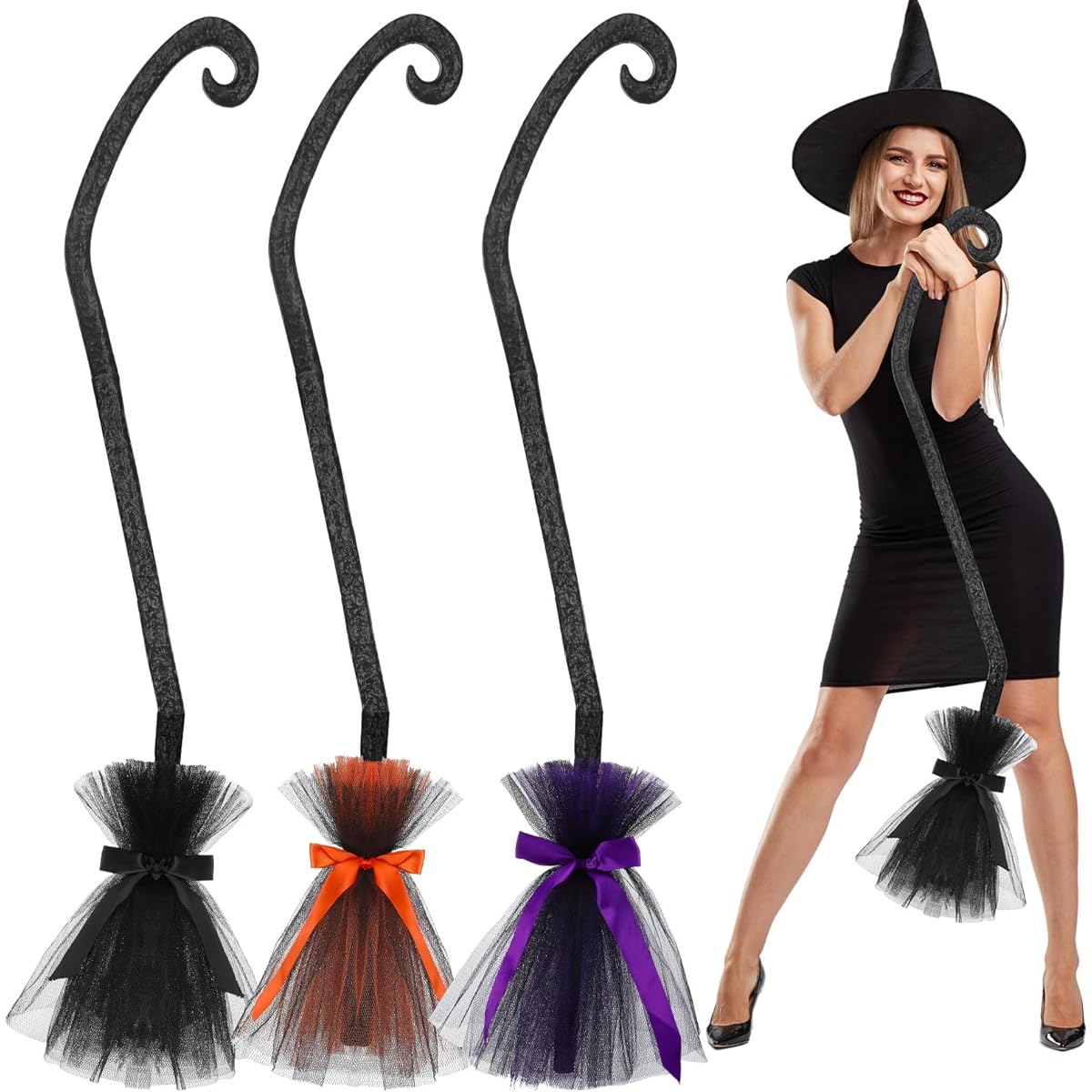 Lenwen 3pcs Halloween Witch Broom with Ribbon Plastic Witch Broom Wicked Witch Decoration Props Witch Accessories Women Girls Cosplay Party Costume Photo Booth (Black, Purple, Orange)