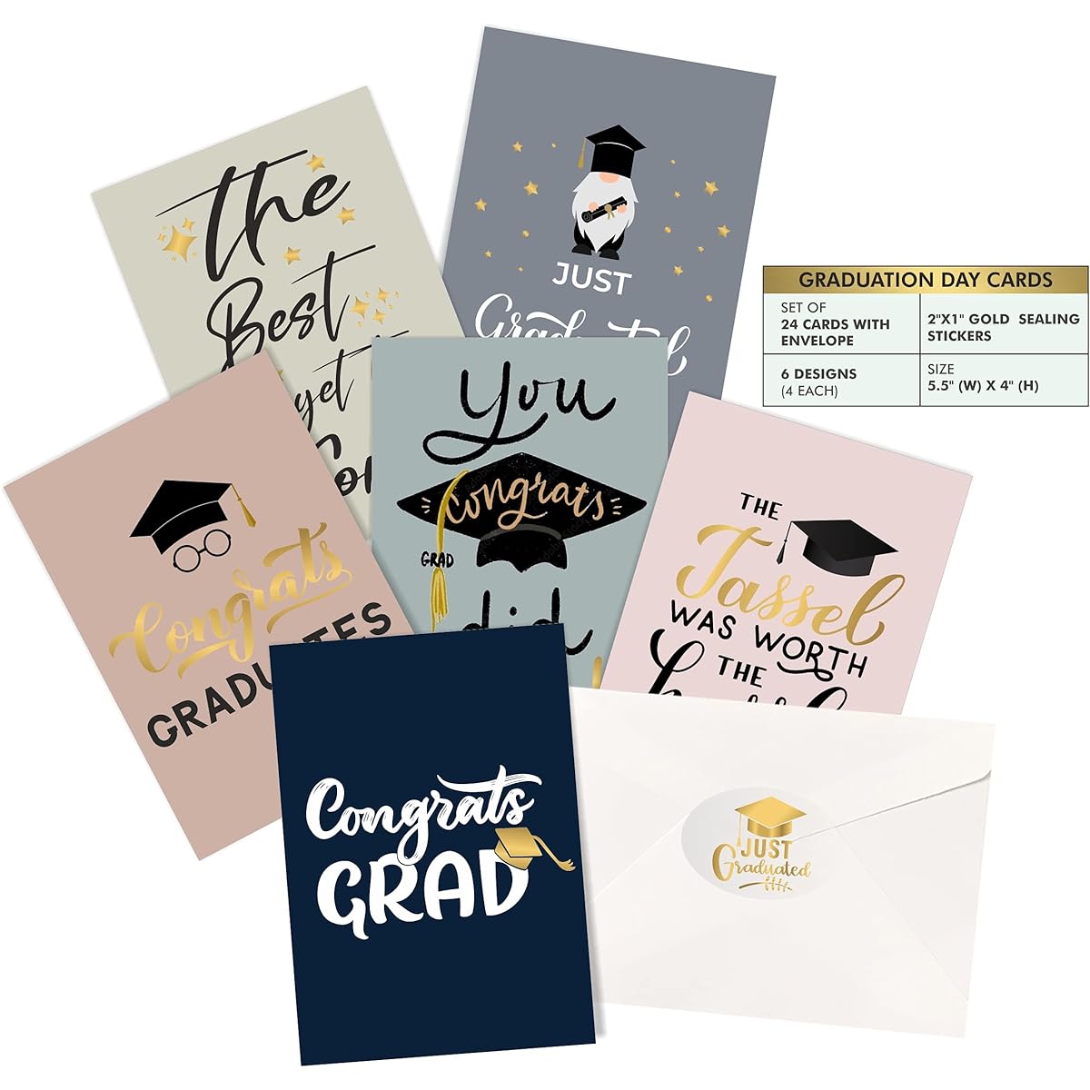 Easykart Graduation Cards with Envelopes - 24 Cards 6 Assorted Gold Foil Designs 4 of Each 5.5 x 4 Inch Graduation Gifts Graduation Celebration Greeting Cards for College High School Bulk Graduation Party Supplies