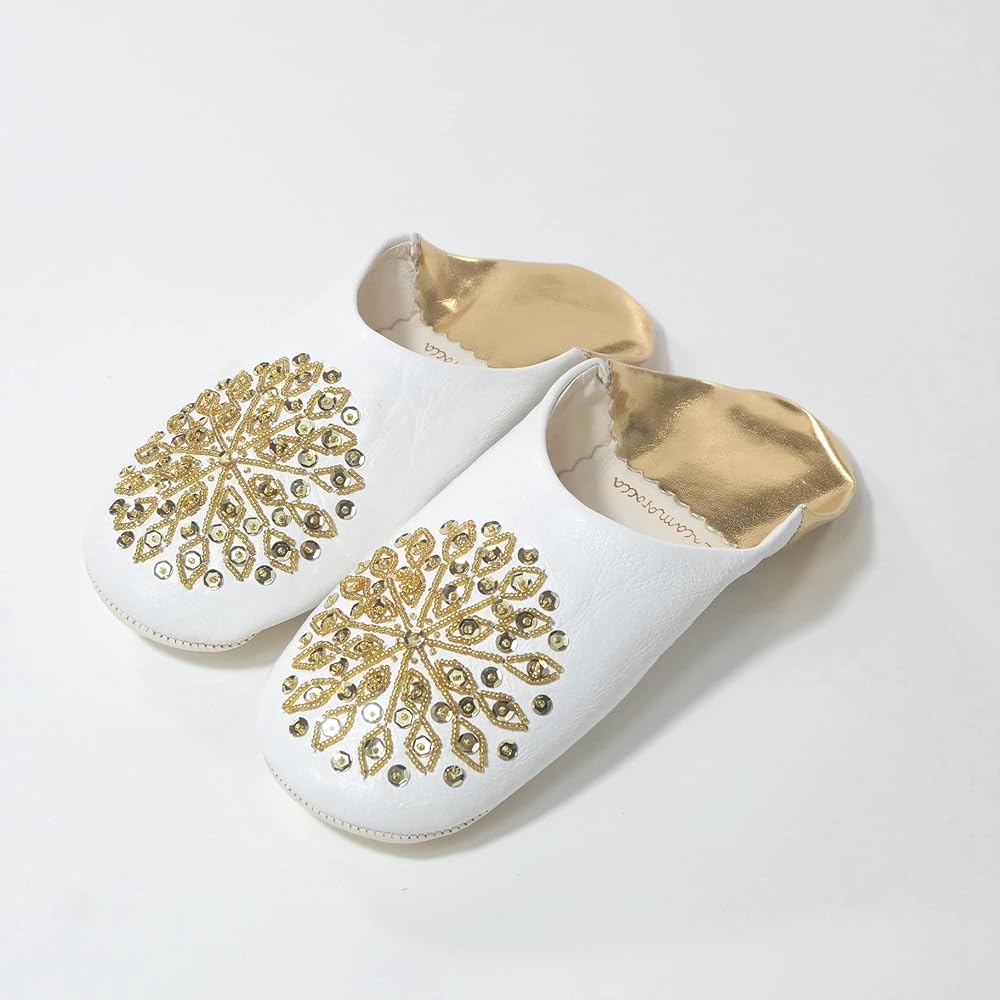 [cocomorocco] Odorless Leather Babouche Slippers Moroccan (Gold Sequins) Room Shoes Coco Morocco Mother's Day Gift