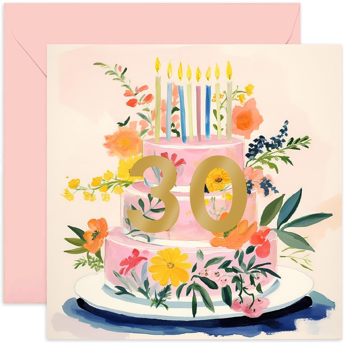 Old English Co. 30th Birthday Card for Women - Special Gold Foil Birthday Cake Card Design - Birthday Card for Daughter, Sister, Granddaughter, Friend | Plain Inside with Envelope