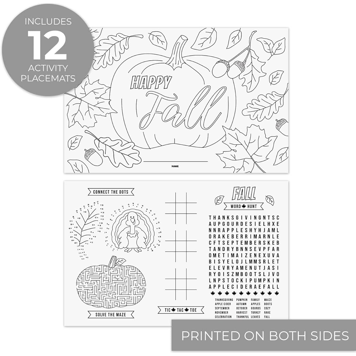 Thanksgiving Coloring Activity Placemats / 12 Happy Fall Coloring Sheets / 11" x 17" Double Sided Kids Fall Holiday Drawing Paper / Disposable Placemats / Made in the USA