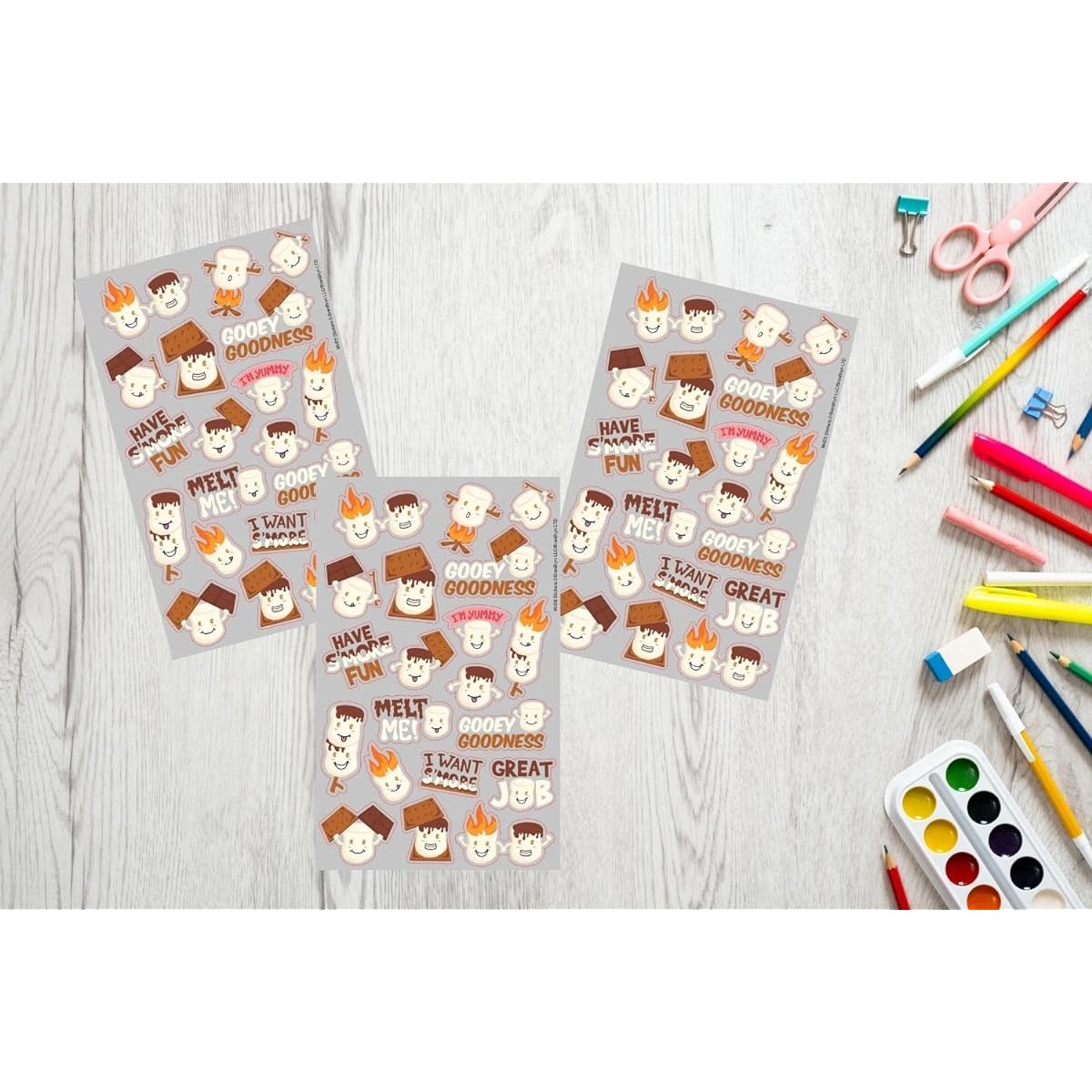 McEtt S'Mores Marshmallow Sticker Sheet - Fun S'mores Stickers for Kids and Adults - 3 Sheets (60 Pieces)