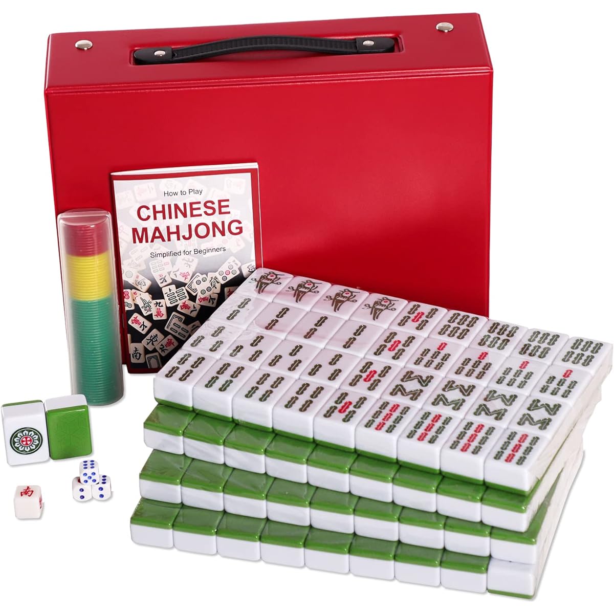 GUSTARIA Chinese Mahjong Set XL 1.6" Durable Melamine Mahjong Tiles (Green) Professional Complete Mahjong Set with Carry Case and English Instructions (Mahjong, Mahjong, Majiang)