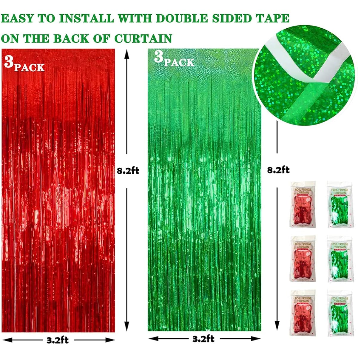Christmas Decoration Backdrop 6 Pack 3.3 x 8.2ft Foil Fringe Curtain Christmas Party Decoration Red & Green Metallic Shimmer Curtain Photo Prop Backdrop for Birthday and Christmas Party