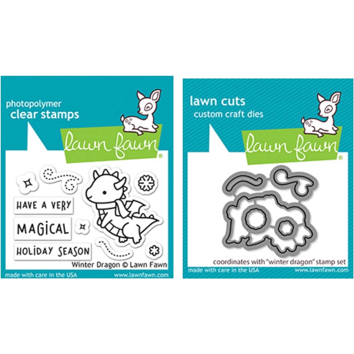 Lawn Fawn Winter Dragon 2x3 Clear Stamp Set Coordinating Die Set (LF2525 LF2526) 2 Piece Set