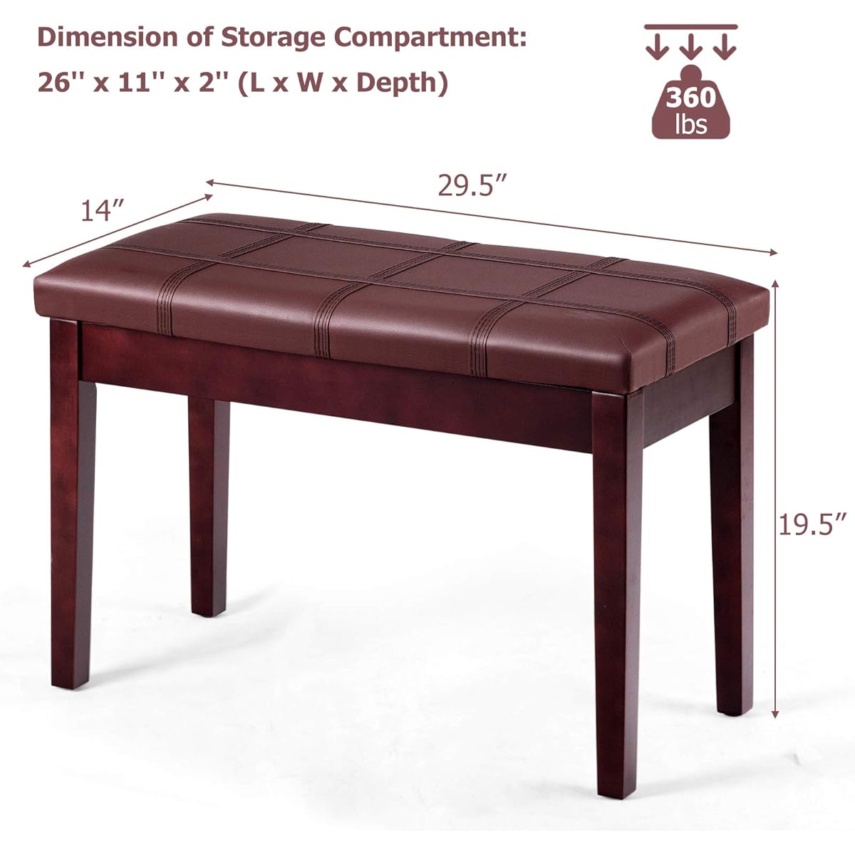 Giantex Wooden Duet Piano Bench with Padded Cushion and Music Storage, PU Leather Keyboard Seat Piano Stool with Sturdy Locking Hinges and Anti-Slip Pad, Perfect for Home Use (Brown)