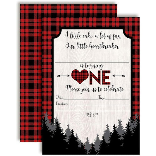 AmandaCreation Little Heartbreaker 1st Birthday Red and Black Buffalo Plaid Valentine's Party Invitations - 20 Cards, 5"x7" with 20 White Envelopes