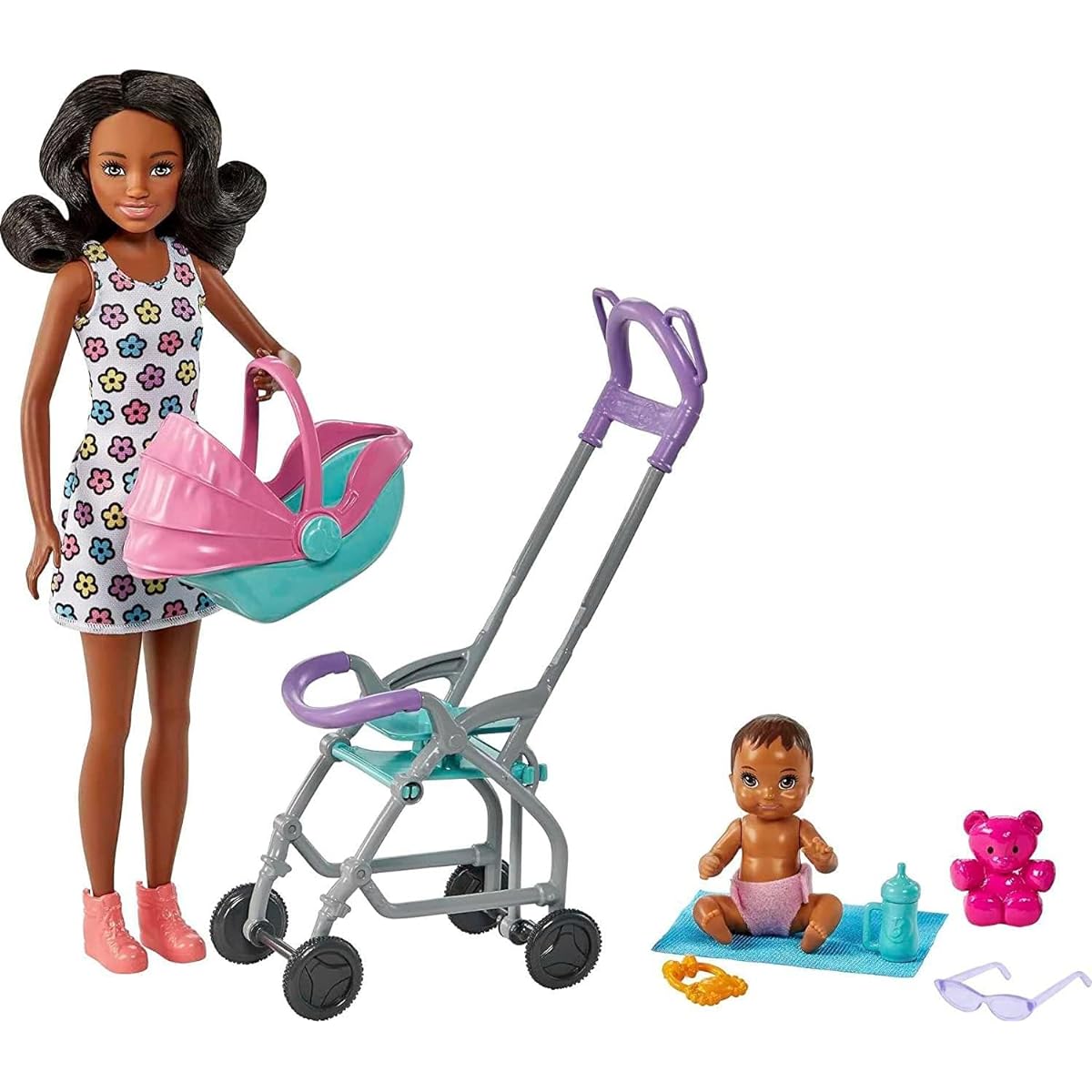 Barbie Skipper Babysitters Inc. Playset with Babysitter Doll (Curly Brunette Hair), Stroller, Baby Doll & 5 Accessories, Toy for 3 Year Olds & Up