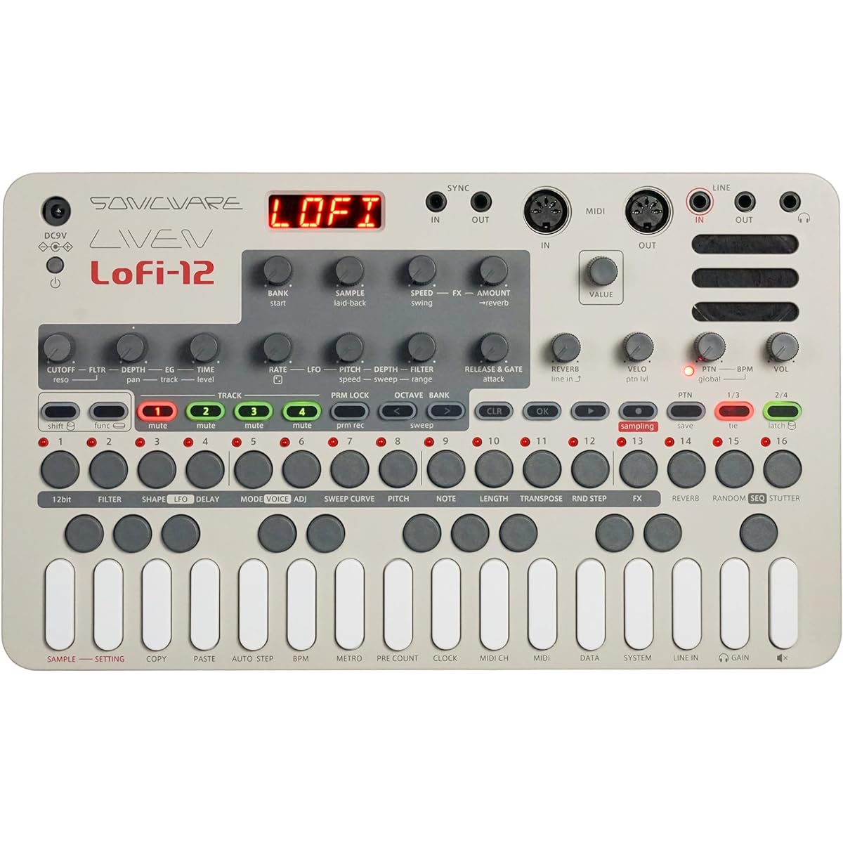 SONICWARE LIVEN Lofi-12 [Lo-fi sampling groove box] Retro sampler - 12-bit sampler mode, 4-track step sequencer, 10 voices, 11 track effects + 9 master effects, battery powered, built-in speaker
