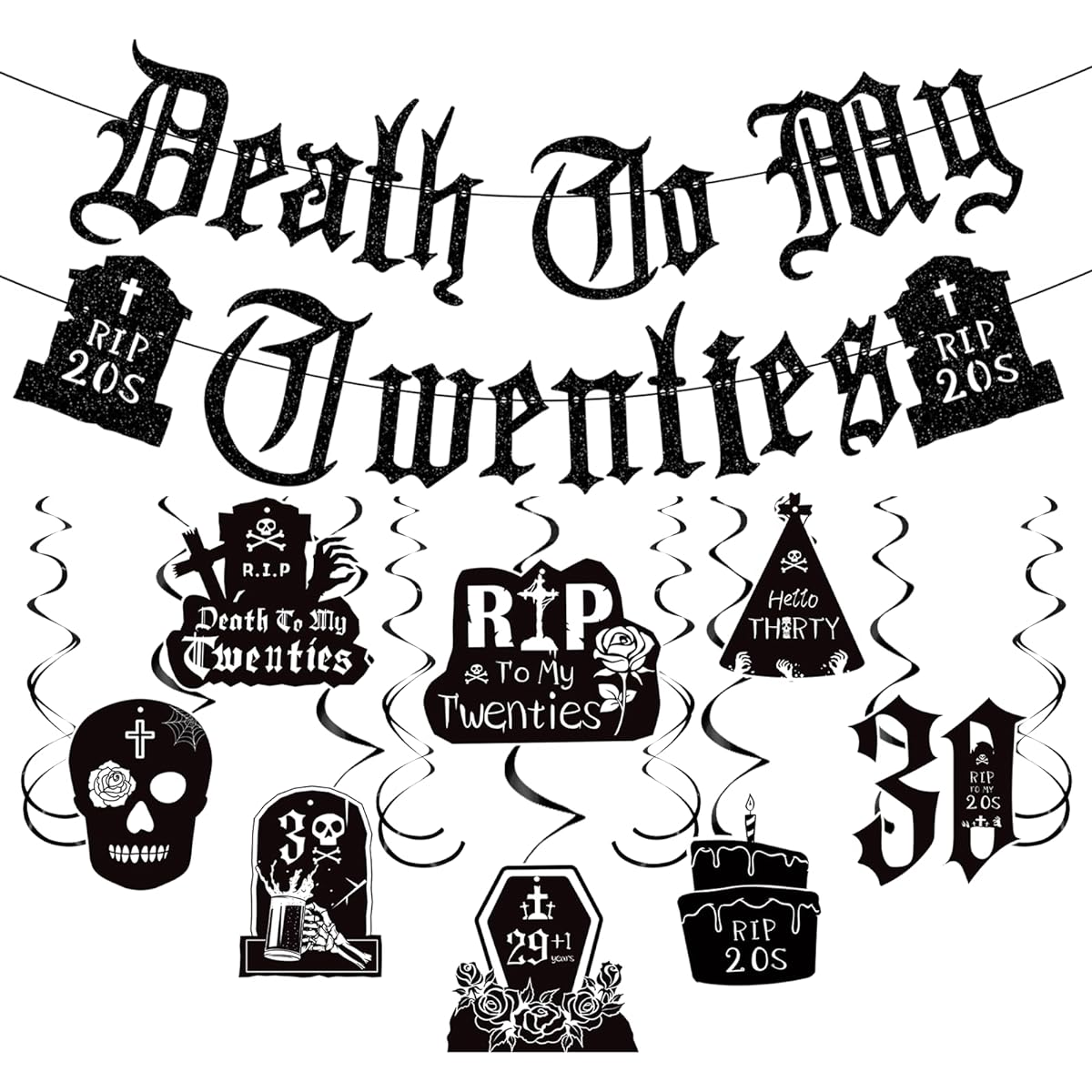 Refavor Death to My 20s Decorations - 14 Pieces Black 30th Birthday Party Decorations Banners Hanging Swirls 20s Birthday Decorations Party Ceiling Supplies Women Men Funeral Youth Party Decorations