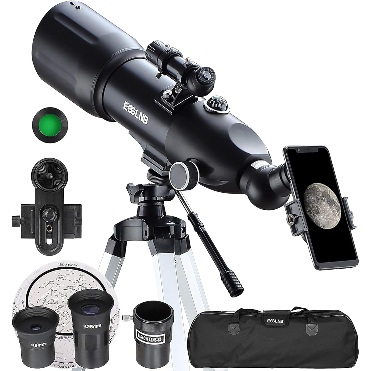 ESSLNB Telescope for Adults Kids Astronomy Beginner 80mm Astronomical Telescope 10X Cell Phone Mount Refracting Telescope with Tripod and Carry Bag Upright Image Travel Telescope with Moon Filter