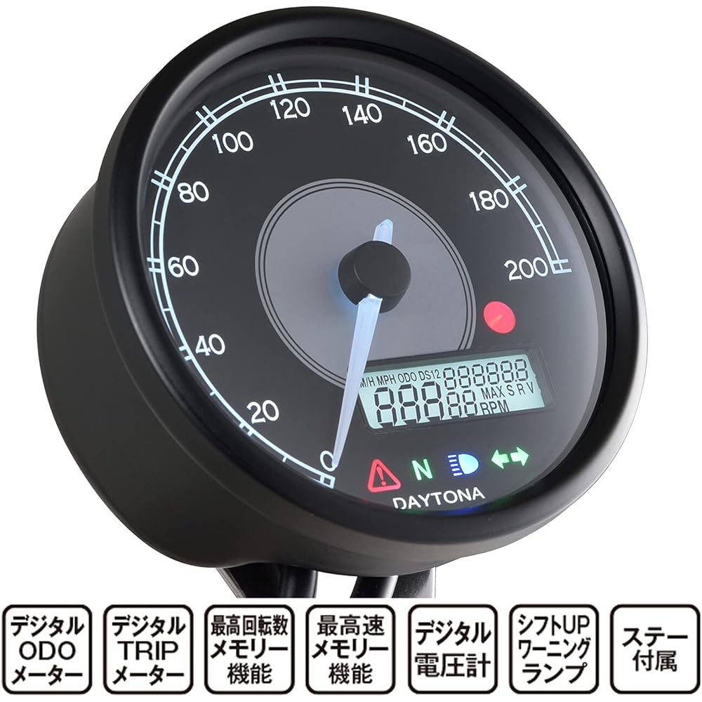 Daytona VELONA Motorcycle Electric Speedometer with LCD Tachometer Black Body/White LED φ80 200km/h Display 21984