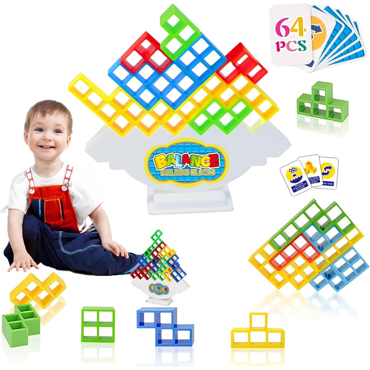 64 Pieces Tetra Tower Game Balance Stacking Building Blocks Board Game for Kids Adults Building Game Balance Game Stack Attack Board Game for Family Travel Party