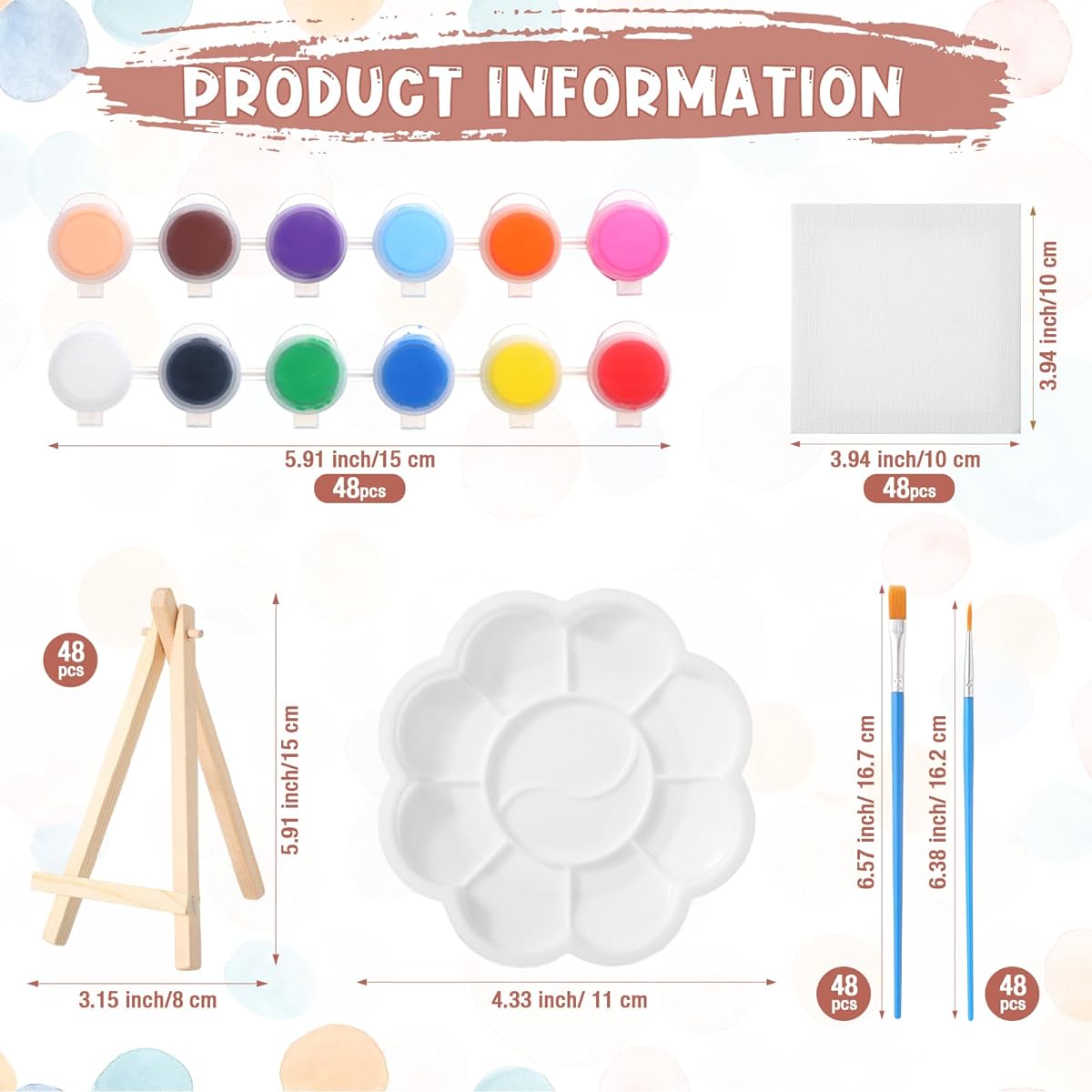 Qilery 48 Piece 4" x 4" Acrylic Paint Kit with Mini Canvas Panels, Wooden Easel, 12 Color Acrylic Paint Strips, Paint Brushes, Paint Palette, Paint Crafts for Kids, Birthday Party Favors