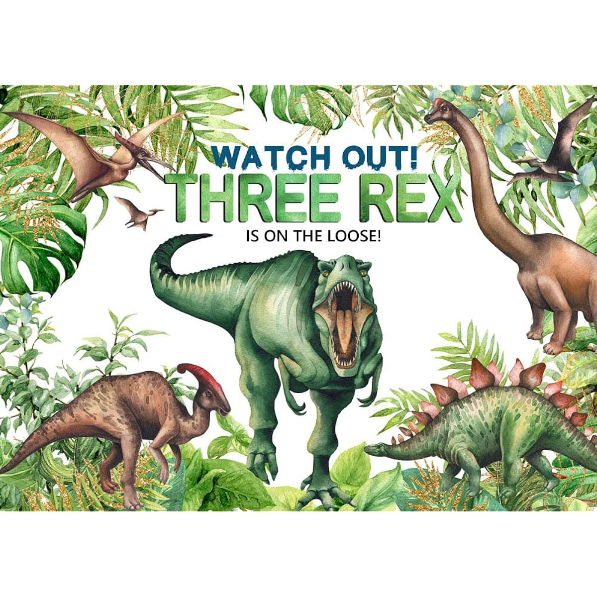 Avezano Three Rex Birthday Backdrop for Kids Dinosaur Theme 3rd Birthday Party Decorations Banner Supplies Photo Booth Props (Green, 7x5ft)