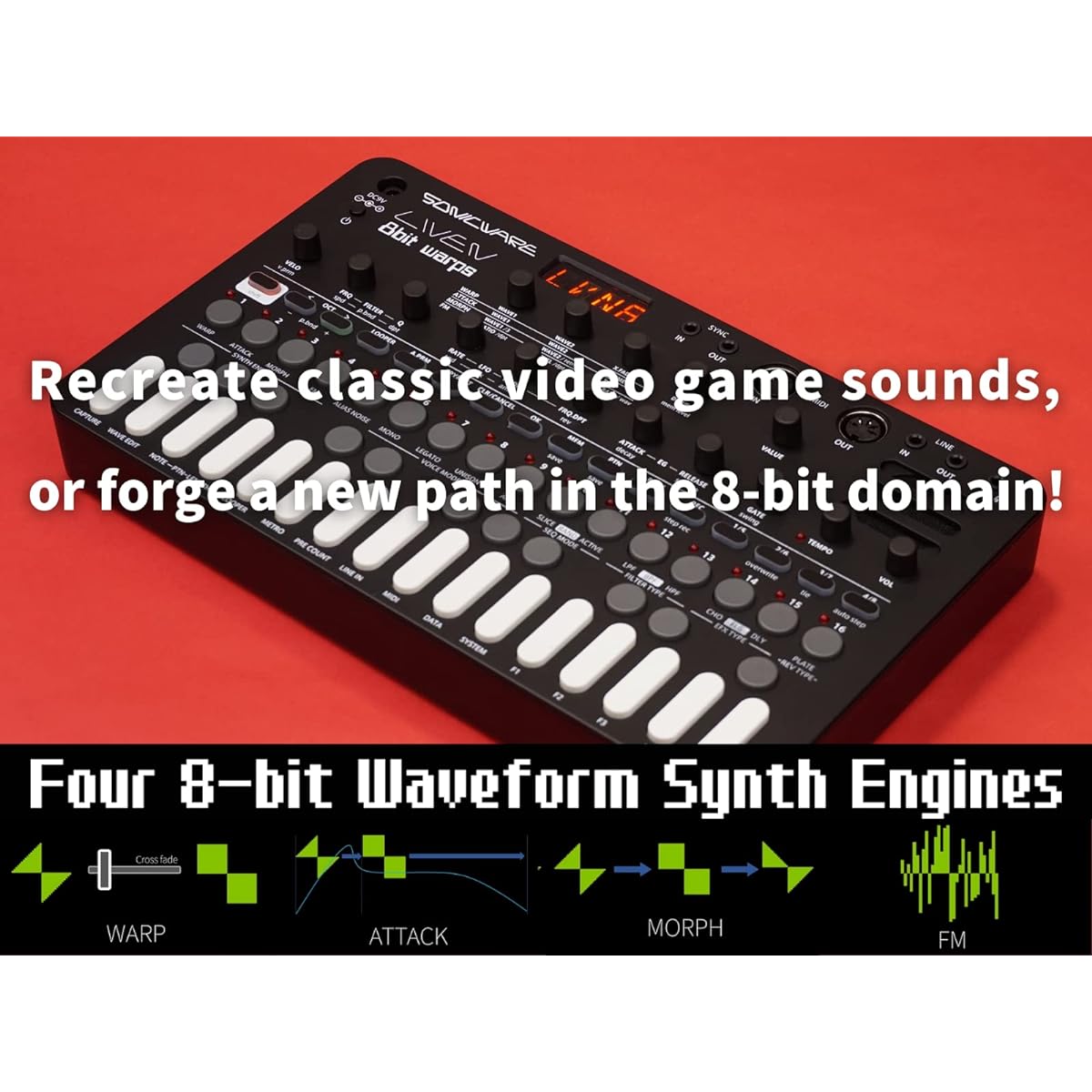 SONICWARE LIVEN 8bit warps [8bit synthesizer groove box] Step sequencer + 4 track looper, 6 voices, 11 effects, battery powered, built-in speaker