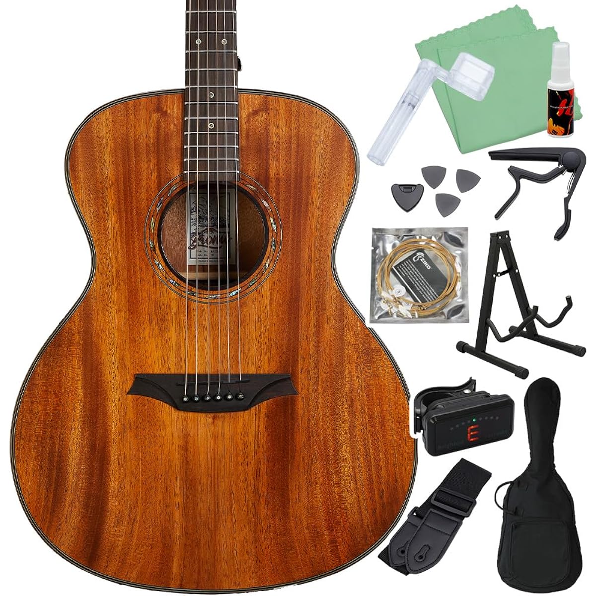 Bromo BAT2M Acoustic Guitar Beginner 12-Piece Set, Solid Top, All Mahogany, Auditorium, Bromo