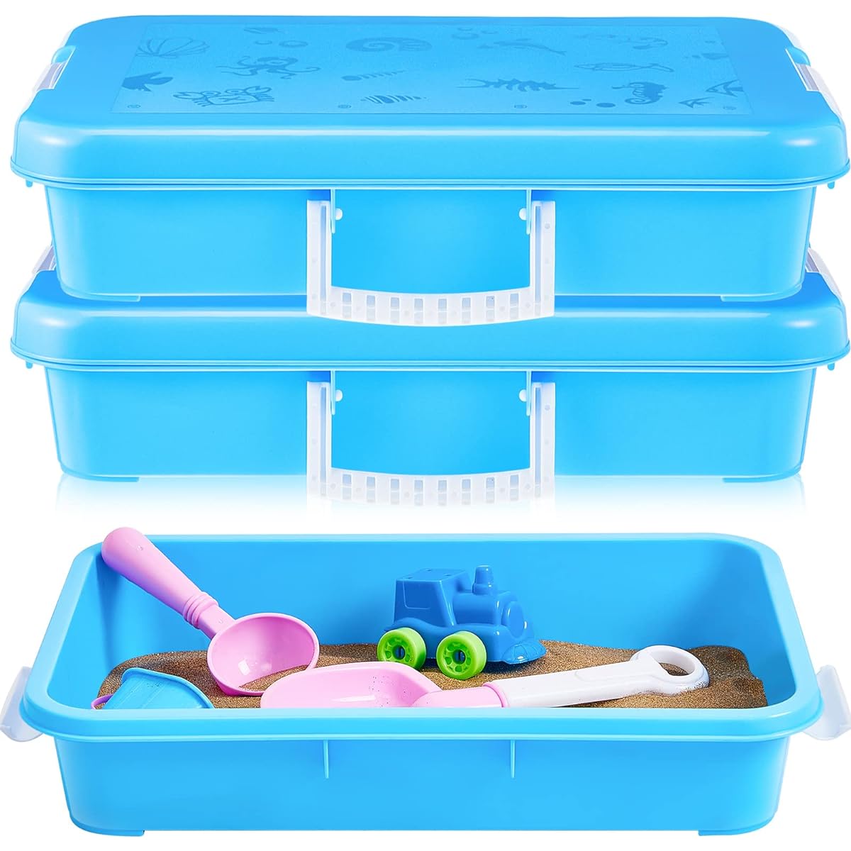 Suttmin 2-Piece Portable Sand Tray with Lid Small Plastic Sandbox with Handle 14.96 x 10.24 x 3.15 inches Blue
