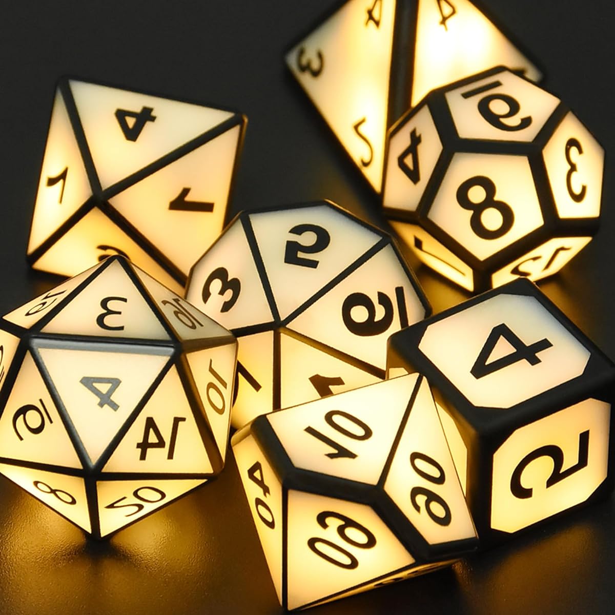 LOOKDNDS Rechargeable LED DND Dice with Charging Box - 7pcs Polyhedral Silicone Dice Set Dice Tabletop Games Unique Gift for Pathfinder Roleplaying Game (Warm Light)
