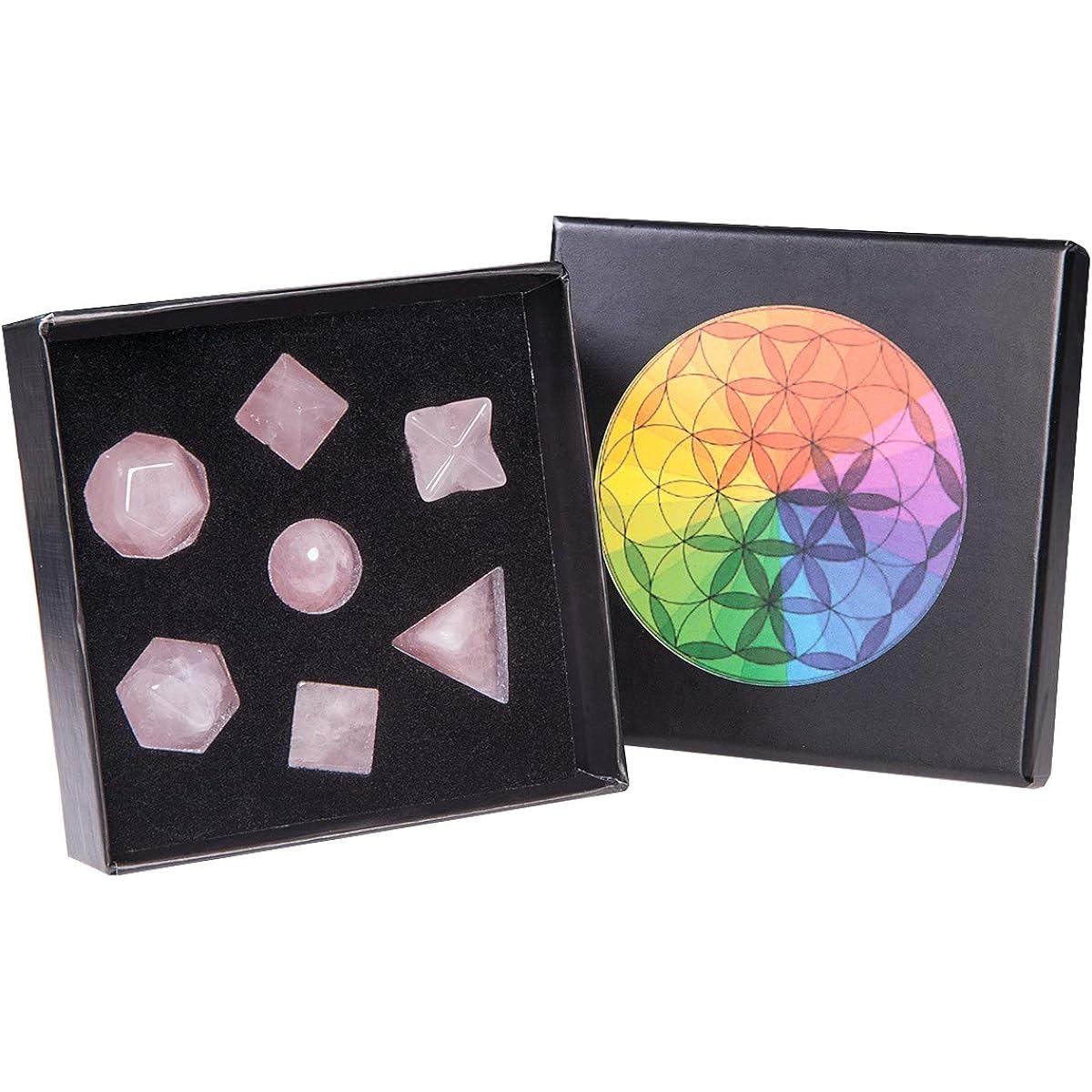 SUNYIK Platonic Solids Sacred Geometry Set of 7 with Meditation Merkaba Star, Rose Quartz