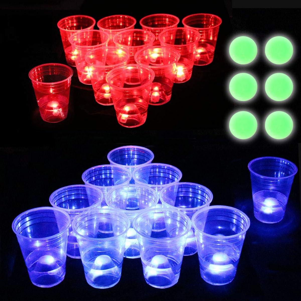 Six Senses Media Dark Beer Pong Set, Beer Pong Party Cup Set, LED Beer Pong Cups and Glow in the Dark Balls, Set of 22, Clear