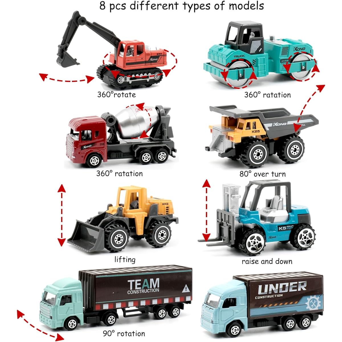 Little Perfect Alloy Mini Construction Engineering Vehicle Toy Set Truck Toys Dump Truck Excavator Forklift Road Roller Bulldozer Mixer Kids Christmas Birthday Gift (Multicolor 8pcs)