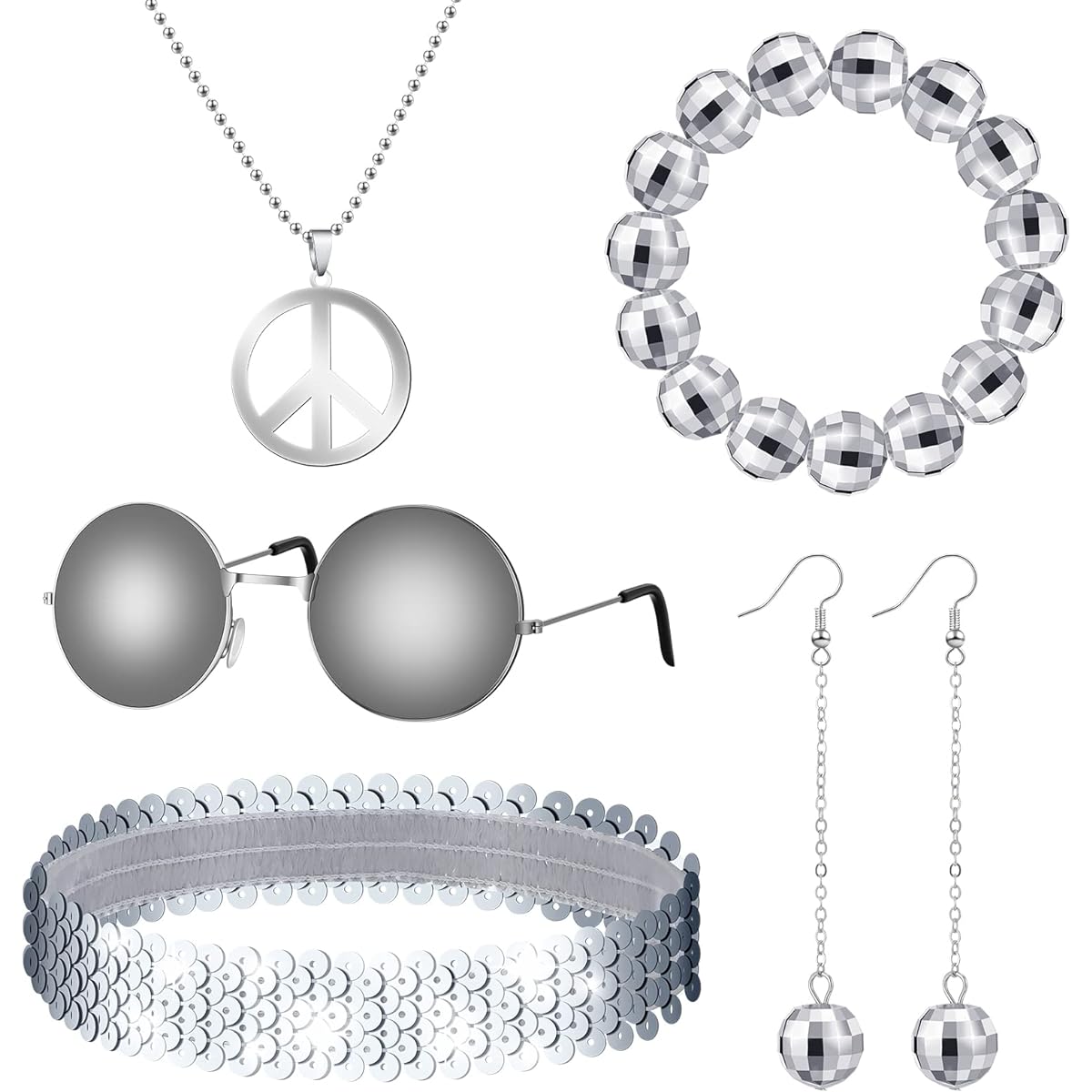 6 Pieces 1970s Disco Accessories Disco Set Ball Earrings Necklace Bracelet Headband Sunglasses Hippie Party 80s Costume for Women Halloween Disco Outfit Disco Ball Jewelry Silver, Silver, One Size
