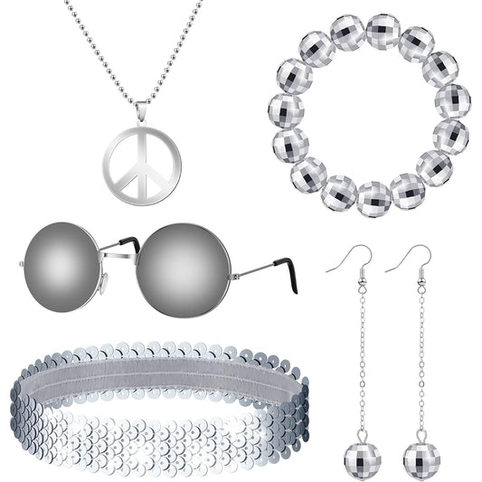 6 Pieces 1970s Disco Accessories Disco Set Ball Earrings Necklace Bracelet Headband Sunglasses Hippie Party 80s Costume for Women Halloween Disco Outfit Disco Ball Jewelry Silver, Silver, One Size
