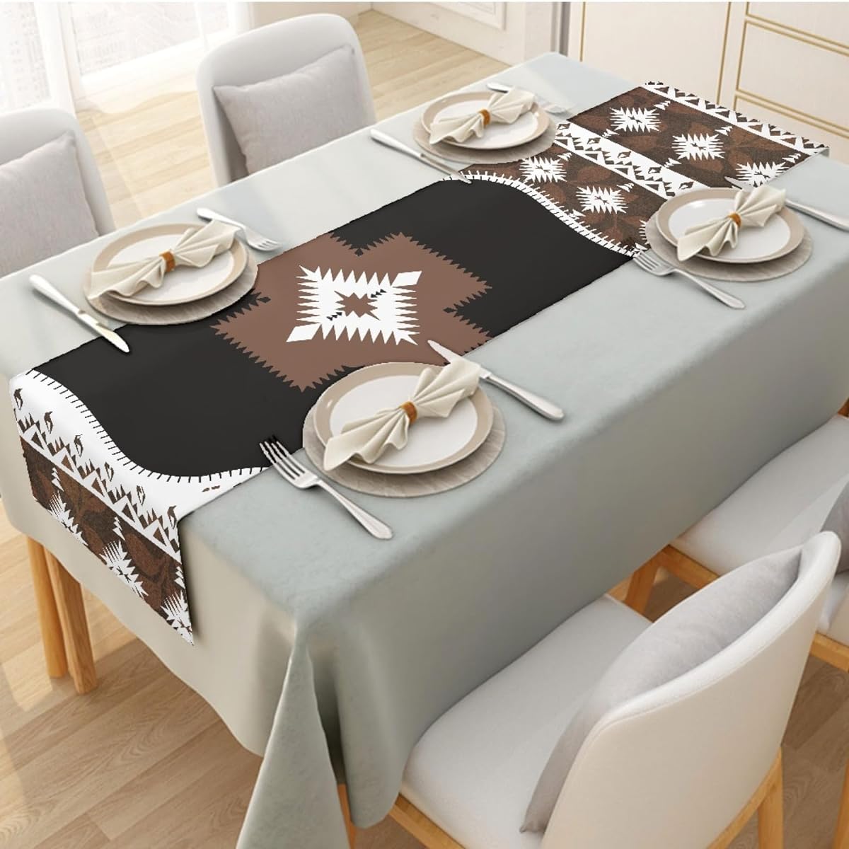 Jiueut Aztec Southwest Table Runner 108 Inch Length Ethnic Style Design Geometric Table Runner Table Setting for Garden Farmhouse Wedding Party Holiday Dinner Home