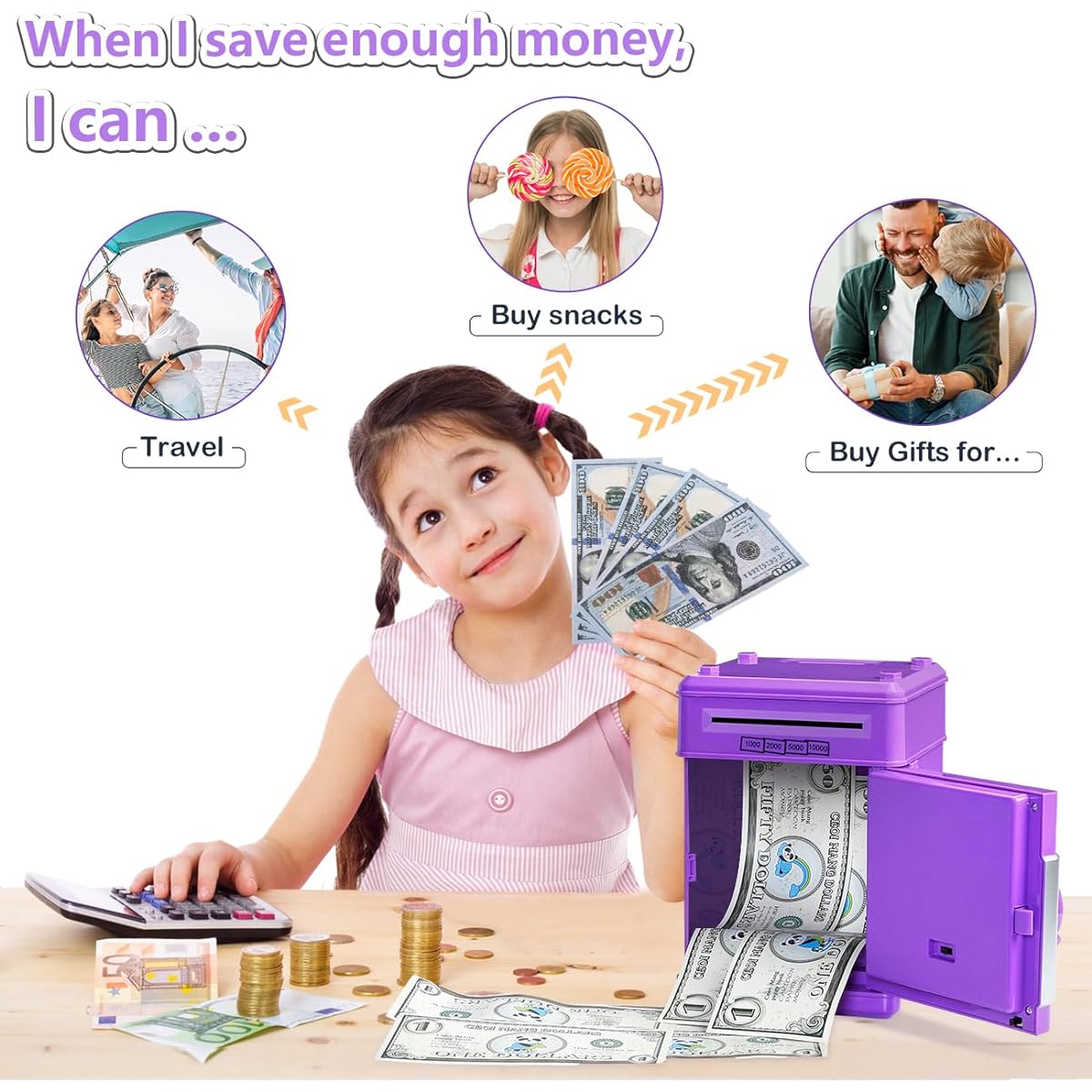 Piggy Bank Toy Gifts for 8 9 10 Year Old Girls Christmas Birthday Gifts 8-12 Year Olds Purple Piggy Bank for Girls 6-8-10 Years Old ATM Cash Coin Bank for Teen Girls 7-8-12 Years Old
