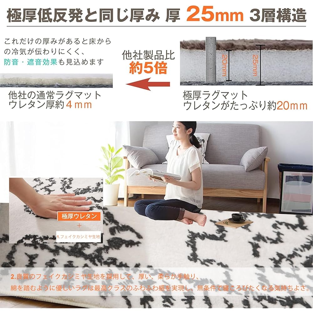 Calore Carpet Rug Rug Mart Scandinavian Geometric Pattern Washable Anti-Slip Fluffy Imitation Cashmere Foldable Memory Foam Thick Mite Resistant Antibacterial Odor Resistant Rectangular Rug Cashmere-like Texture Suitable for Hot Carpets All Seasons (200x