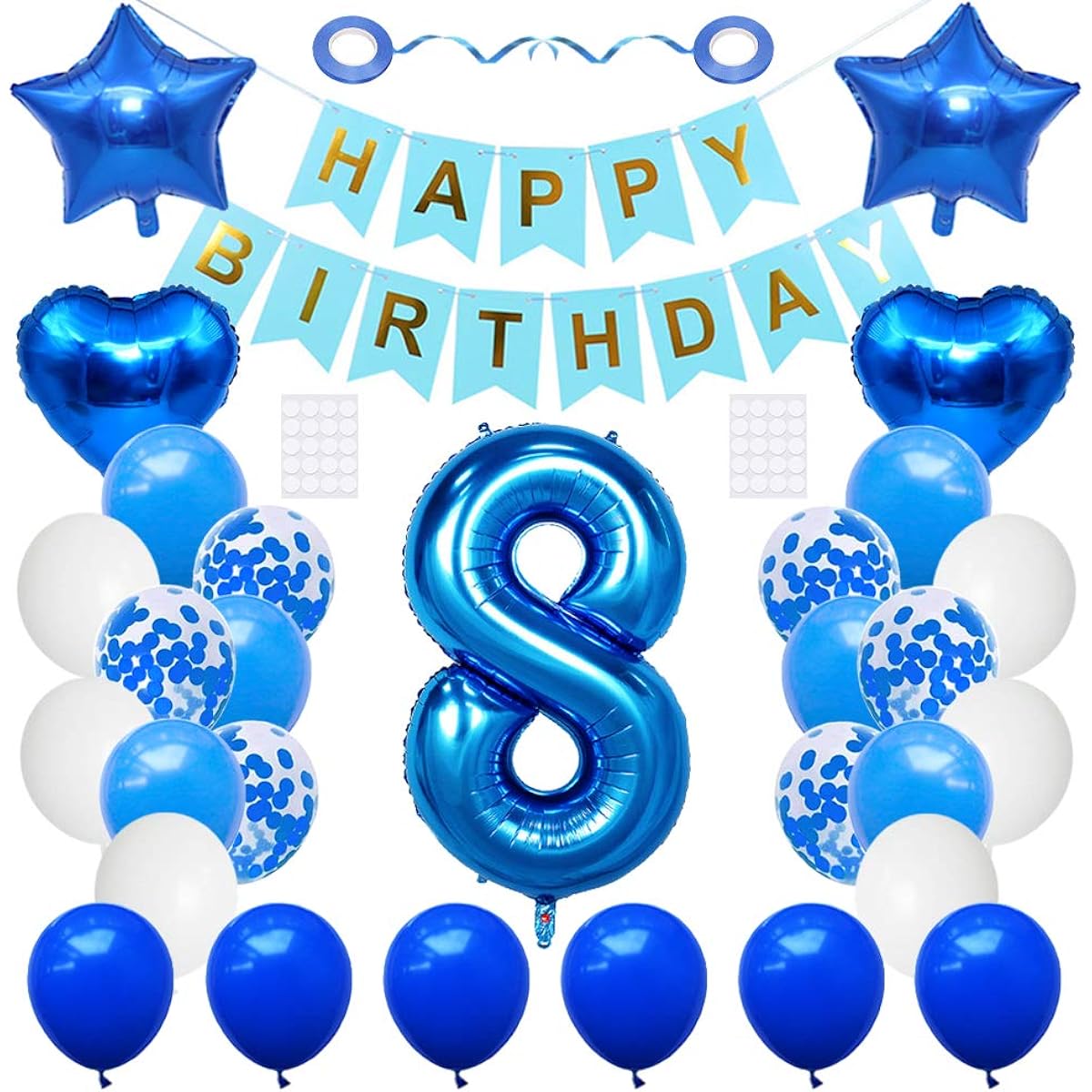 Huture 8 Birthday Party Supplies, Blue Number 8 Foil Balloons, Happy Birthday Banner Kit, 8th Birthday Decorations, White Blue Latex Confetti Balloons, Foil Star Balloons, Best Gift for Girls/Boys/Birthday