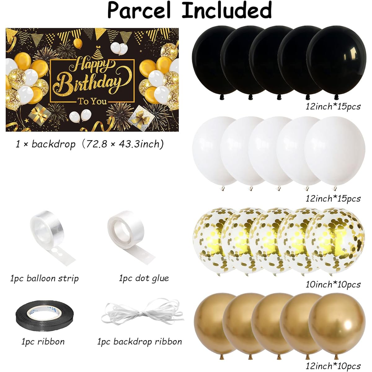 Black & Gold Men Birthday Party Decorations Gold Black White Balloon Garland Arch Kit Happy Birthday Banner Backdrop Birthday Party Supplies Decorations for Men Women Kids