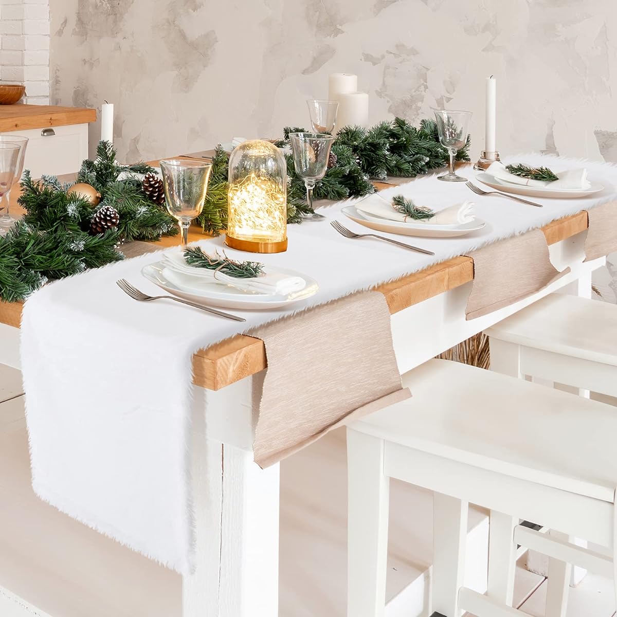 Breling 2 Piece Christmas Faux Fur Table Runner 72 x 15 Inch Christmas White Fur Table Runner Winter Snow White Table Runner Christmas Rectangle Faux Fur Table Decor Christmas Holiday Table Decor
