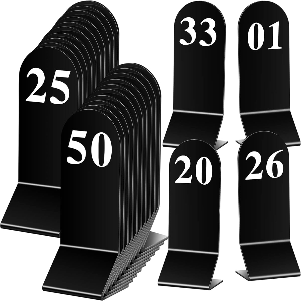 Remerry 50pcs Table Number 1-50 Acrylic Double Sided Number Card Tent Black Holder for Wedding Restaurant Banquet 2.36 x 6.3 inch White