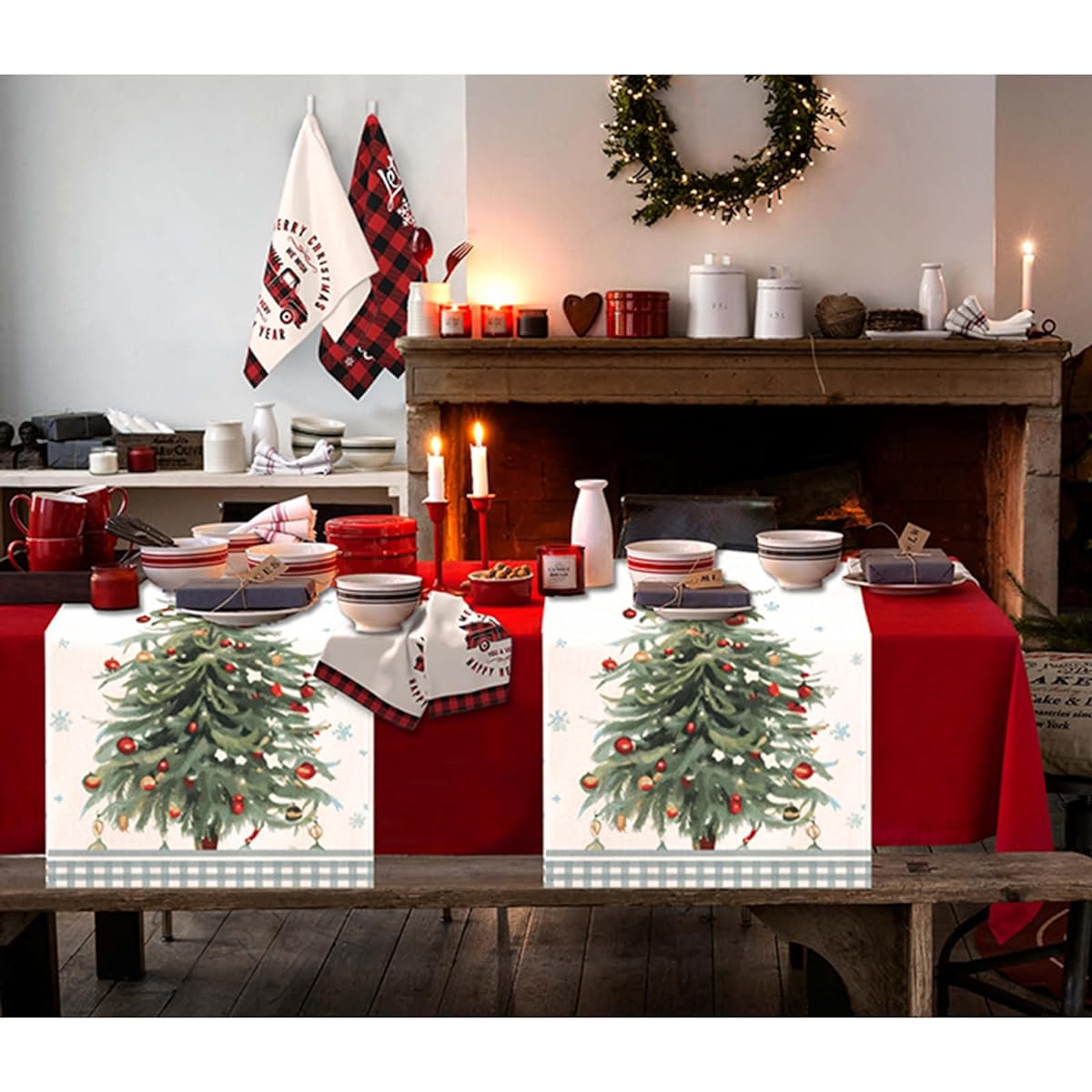 Blue Christmas Table Runner Snowman Christmas Rustic Table Runner Farmhouse Kitchen Dining Table Decor Indoor Outdoor Home Holiday Party Decor 13 x 108 Inch (Christmas Tree 13x108)