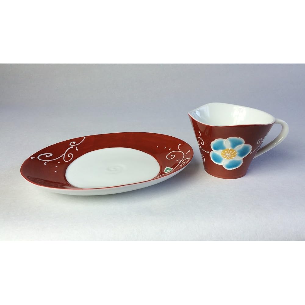 Maruzen Iwata Shoten Kutani Ware Cup & Saucer Deco Flower Red was-301
