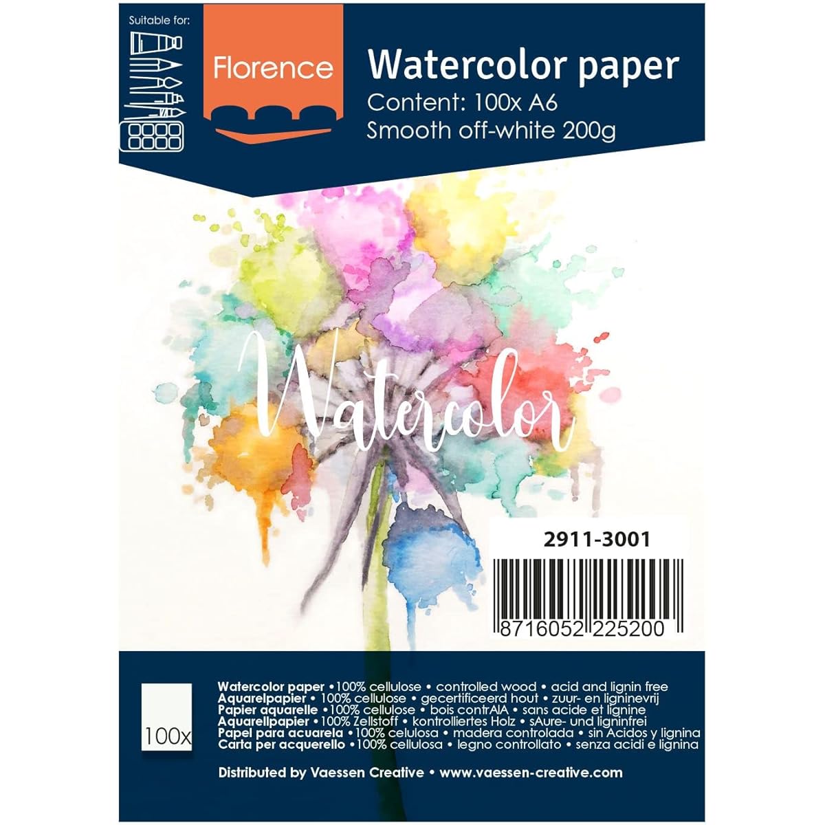 Vaessen Creative Florence Hot Press Watercolor Paper A6 Ivory 200GSM Artist Grade Quality Smooth Surface 100 Sheets for Painting, Hand Lettering and Art Projects