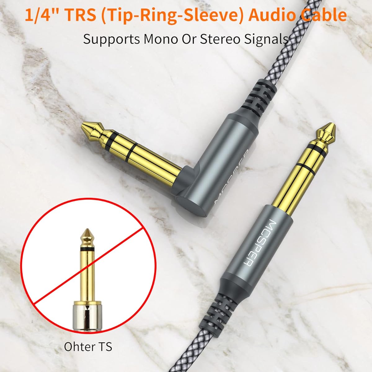 1/4" TRS Instrument Cable 10ft 2 Pack 90 Degree Right Angle to Straight 6.35mm Male Jack Stereo Audio Cord Balanced Interconnect Line for Electric Guitar Bass Keyboard Mixer Amplifier Speaker