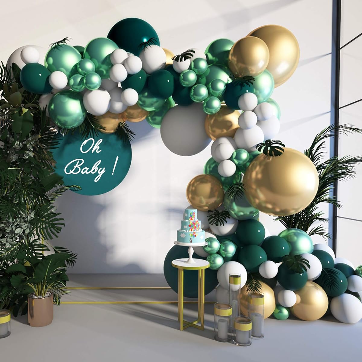 Soonlyn Jungle Sulphur Balloon Garland Arch Kit, 125pcs 18" 12" Emerald Green Gold Materik White Balloons with Large Leaves Party Decorations Baby Shower Kids Birthday