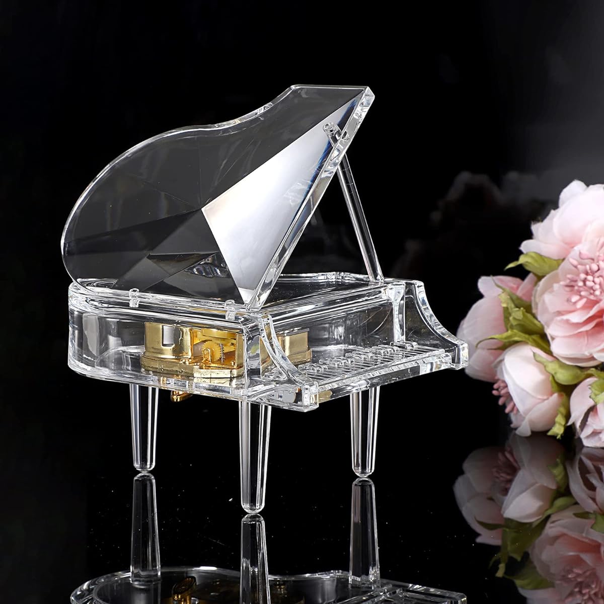 ELLDOO Acrylic Piano Music Box Mechanical Clockwork Decorative Piano Music Box Transparent Piano Ornament Romantic Gift for Girls Women (Tune: You are My Sunshine)