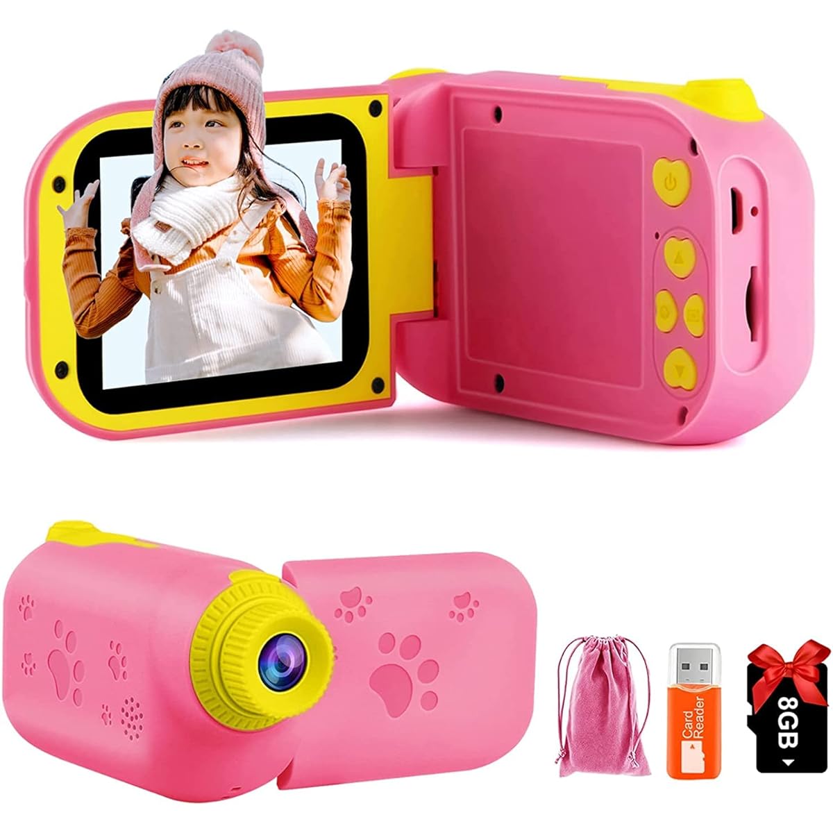 AILEHO Kids Camera for Girls Digital Video Camera for Kids Birthday Children Toys 3 4 5 6 7 8 9 Years Old Toddler Camera 8M 1080P with 8GB Card Game Camera Rechargeable IPS 2.4" Pink