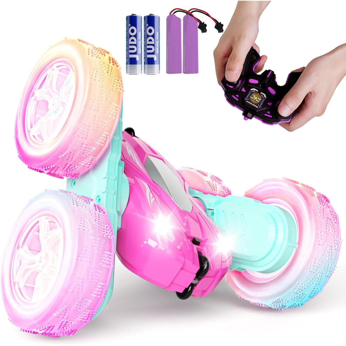 28℃ Remote Control Car for Boys Drift High Speed RC Car 4WD 2.4Ghz Rechargeable RC Truck Double Sided 360 Flip Headlight Wheel Light Off-Road Stunt Toy Car for Kids Boys Girls Pink
